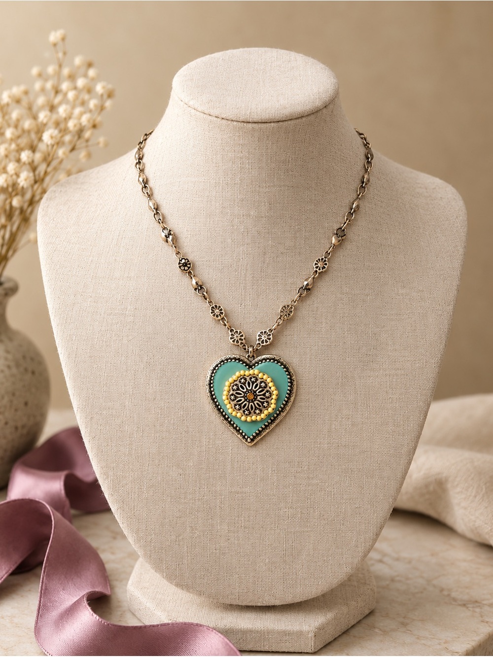 H. Dubin Turquoise & Yellow Beaded Heart Necklace